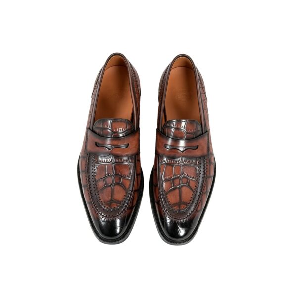 GRANDMARK croc-embossed penny loafer men's dress shoes, top view, white background